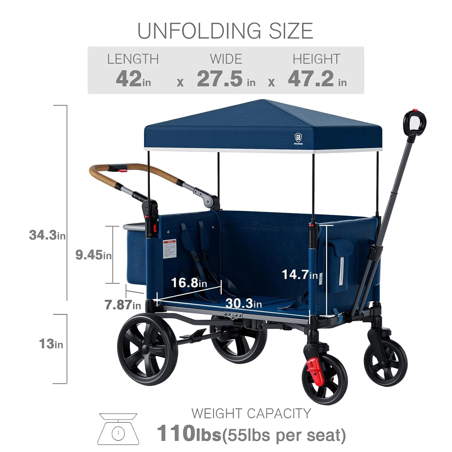 EVER ADVANCED Side-unzip Wagon Stroller for 2 Kids, Push Pull Stroller with Adjustable Handle, Easy Access Front Zipper Door, 5-Point Harness Removable UV-Protection Canopy Shock-Absorbing Wheels,Grey