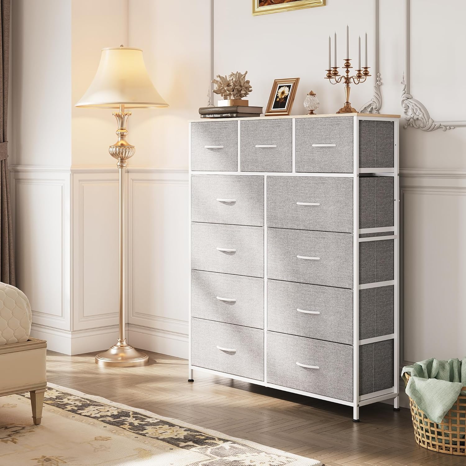 Storage Organizer Unit with 11 Fabric Bins, Storage Drawers Organizer with Steel Frame, Tall Storage Tower Organizaton