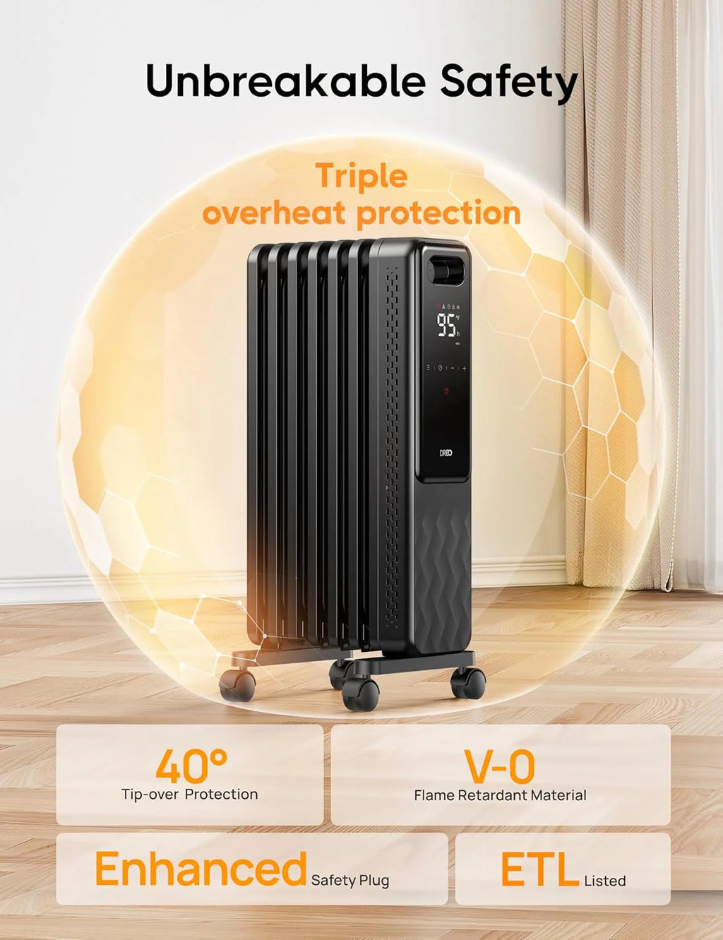 Indoor electric radiant heater with overheat and tip-over protection, digital thermostat, oil-filled radiator