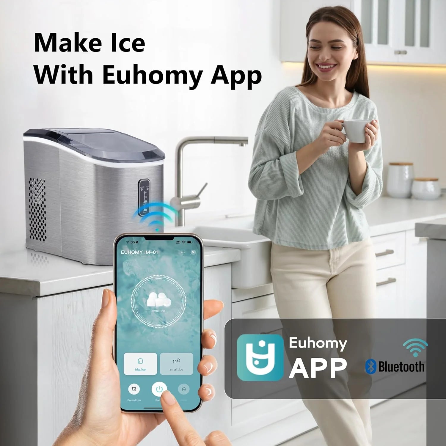 EUHOMY Nugget Ice Maker Countertop with Handle, Ready in 6 Mins, 34lbs Per Day, Removable Top Cover, Auto-Cleaning, Portable Sonic Ice Maker with Basket and Scoop, for Home/Party/RV/Camping (Black)