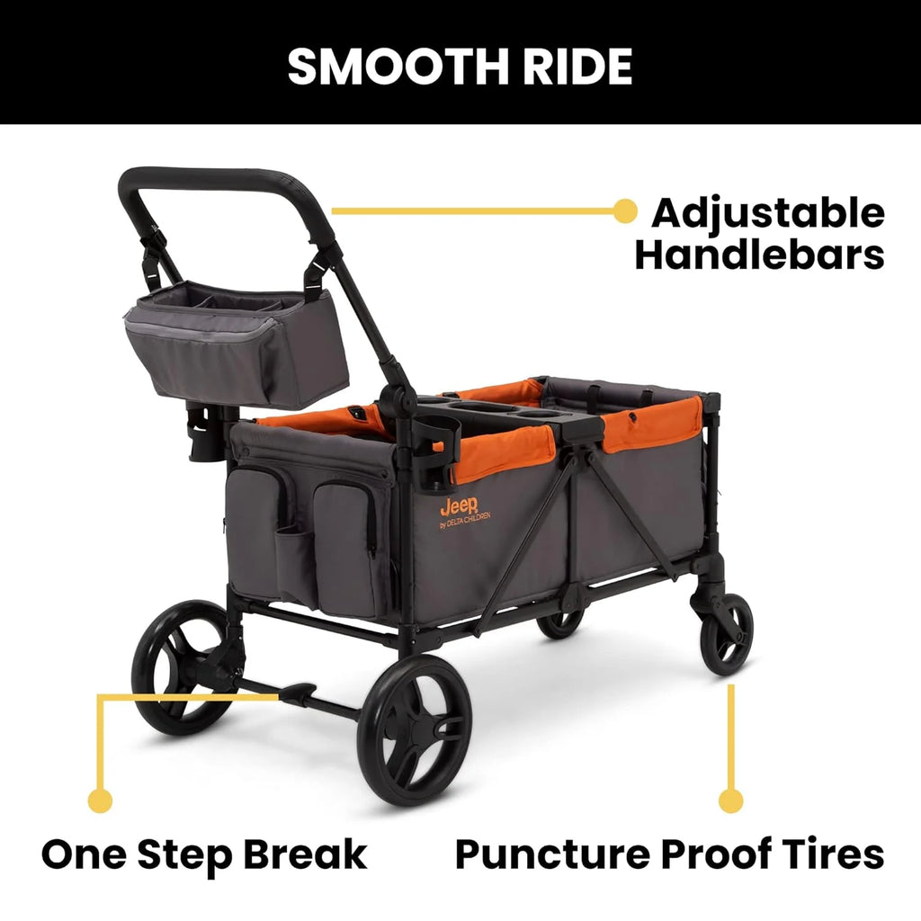Jeep Sport All-Terrain Stroller Wagon by Delta Children - Includes Canopy, Parent Organizer, Adjustable Handlebar, Snack Tray & Cup Holders, Grey/Olive Green