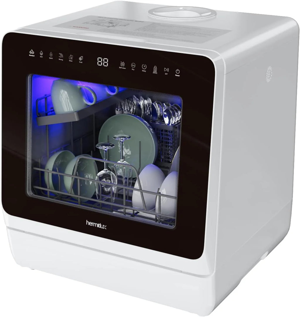 Hermitlux Countertop Dishwasher, 7 Washing Programs Portable Mini Dishwasher with 5-Liter Built-in Water Tank for Apartments & RVs, LED Light, Glass Door, No Hookup Needed