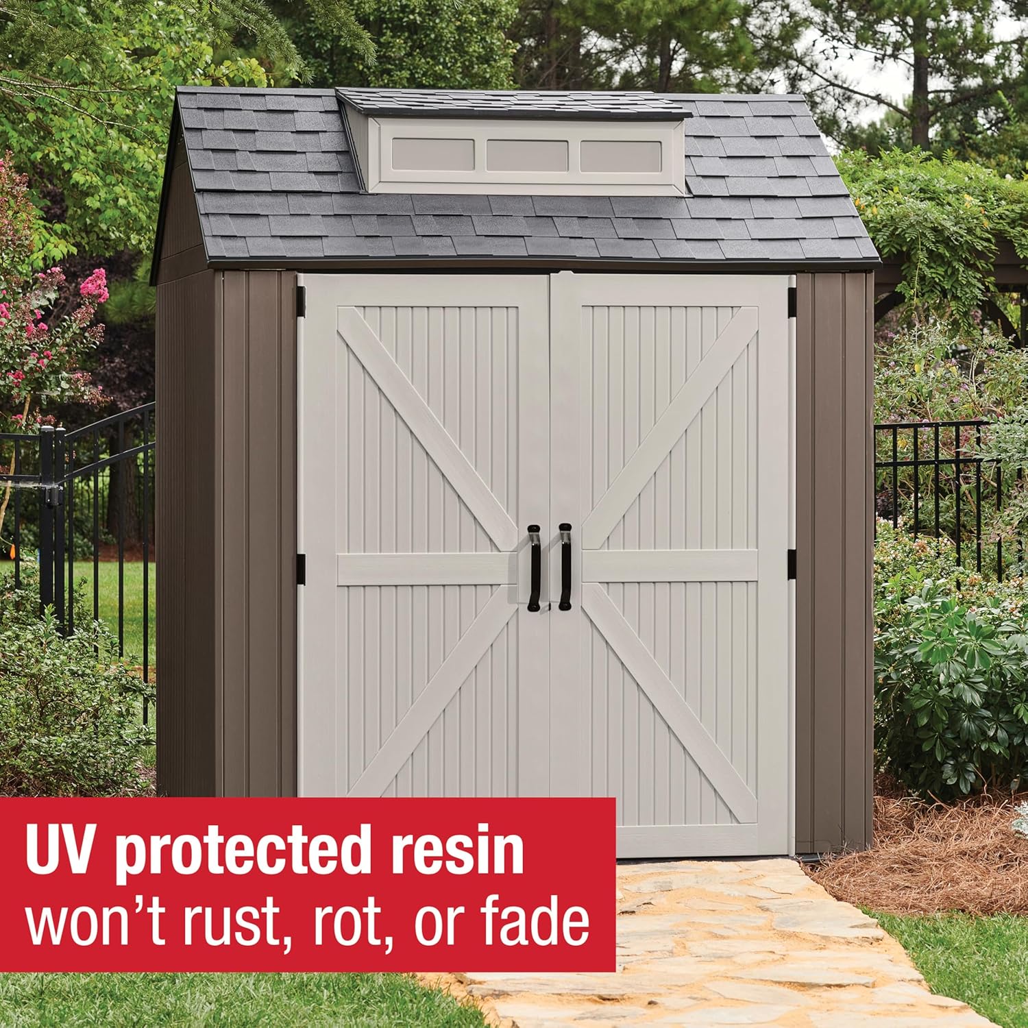 Rubbermaid Resin Outdoor Storage Shed With Floor (7 x 7 Ft) Weather Resistant Gray Organization for Home/Backyard/Garden Tools/Lawn Mower/Bike Storage/Pool Supplies